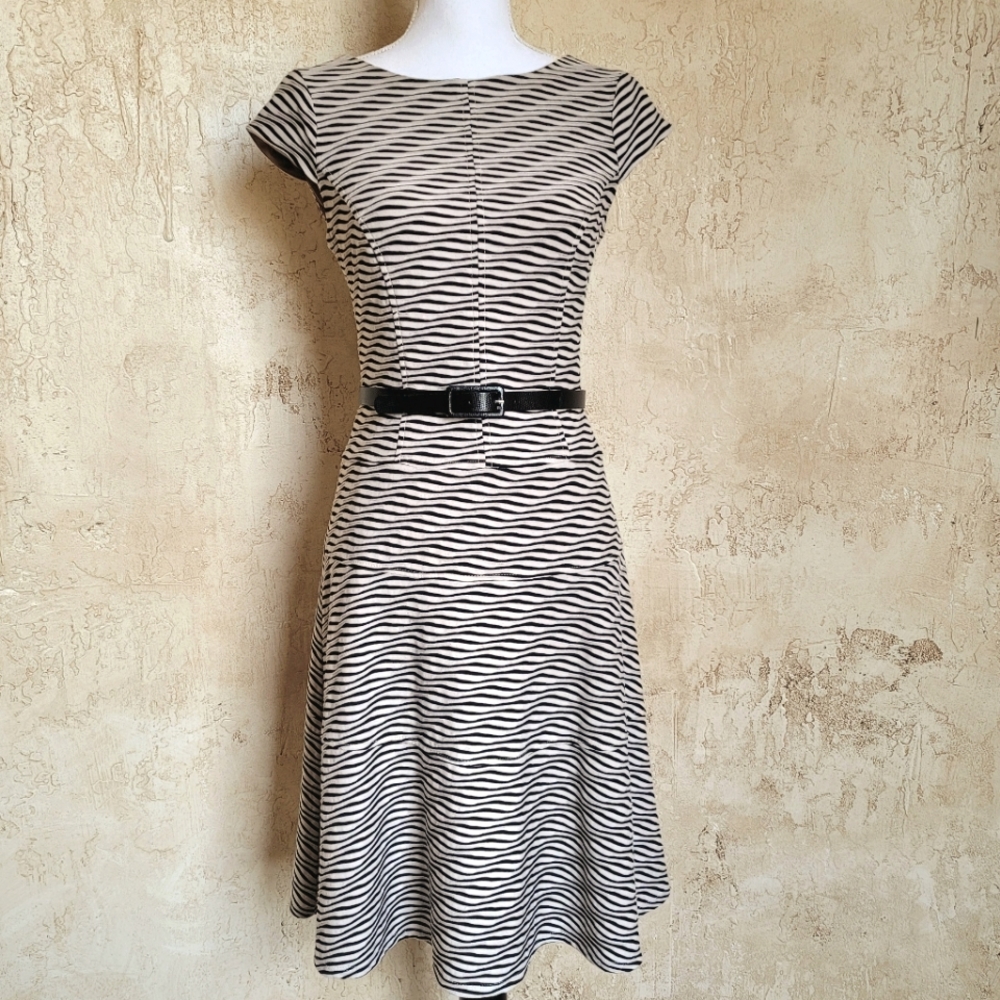 Anne Klein Black and Cream Striped Fit-and-Flare Dress
